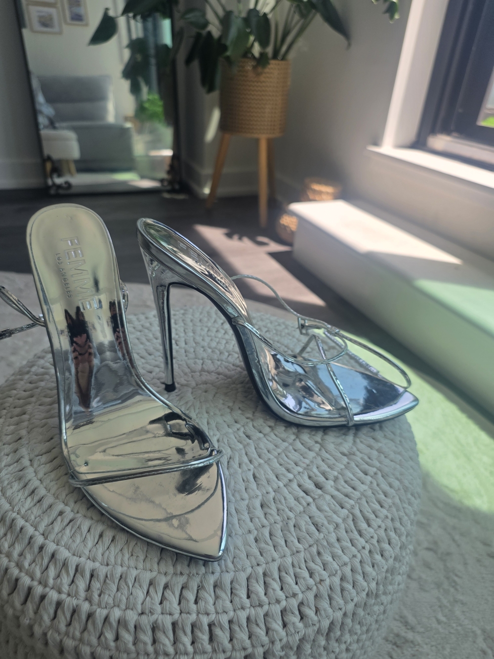 REVOLVE Metallic Silver Stiletto Strappy Heels